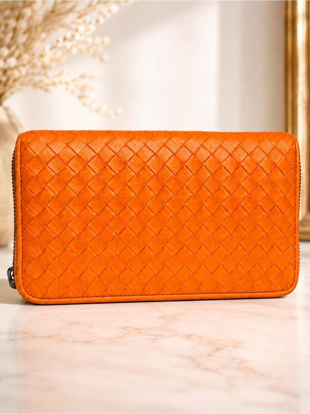 Bottega Veneta Intrecciato Orange Leather Continental Zip Wallet